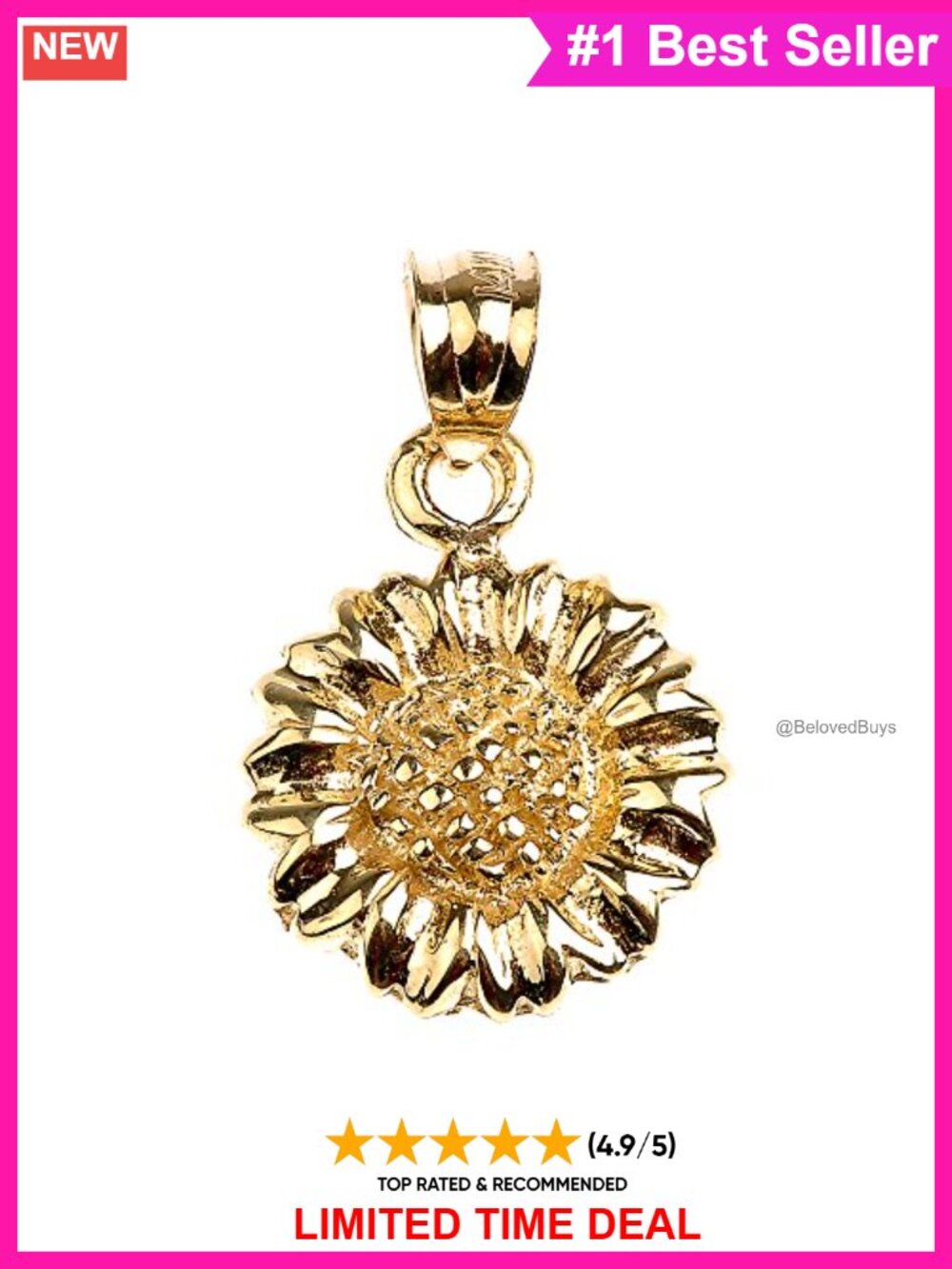 14k Solid Gold Sunflower Charm Pendant Necklace Bracelet Unisex